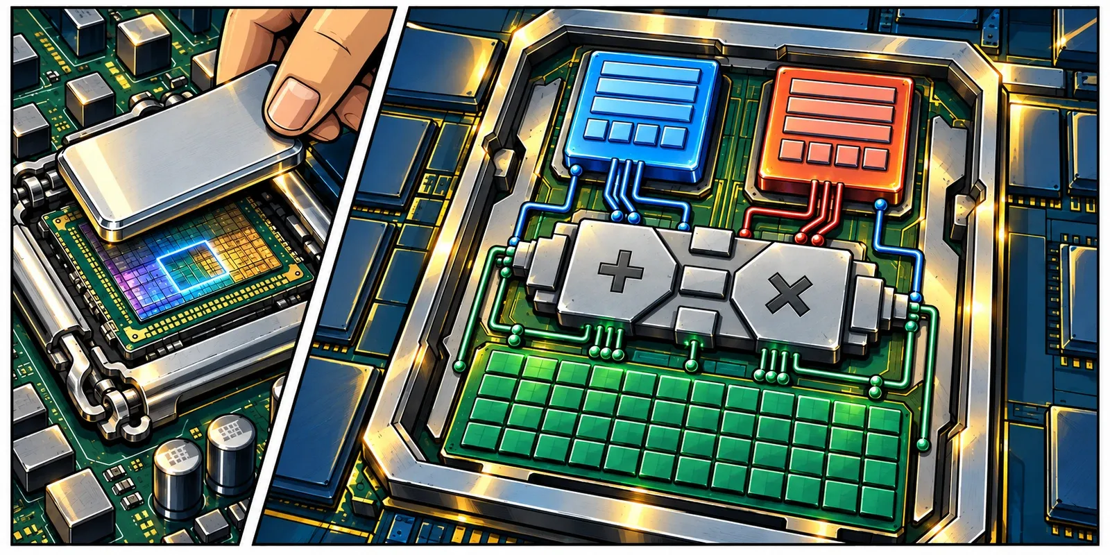 Conceptual CPU cutaway showing two hardware threads sharing the execution resources and cache of one physical core
