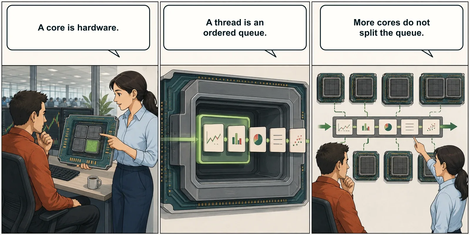 An engineer explains the difference between a physical CPU core and an ordered software thread