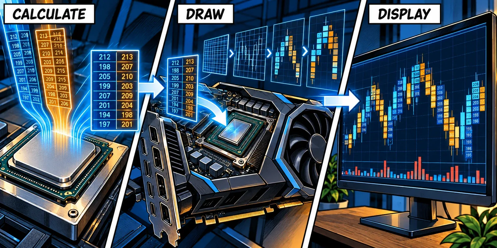 A comic cutaway follows calculated footprint values from a CPU through a GPU drawing stage to a finished trading display.