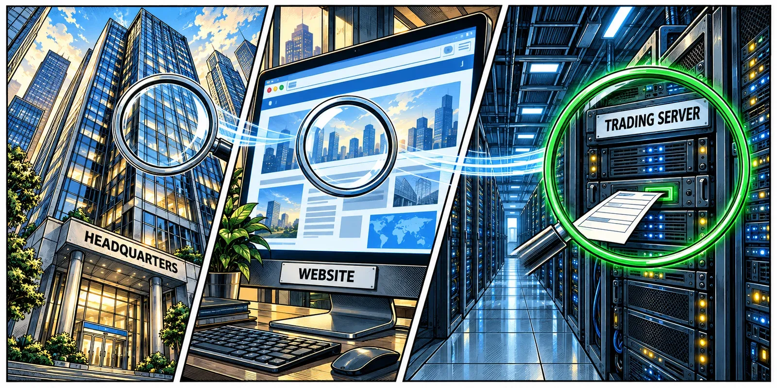 Comic investigation moving from a broker's headquarters and website to the trading server that receives orders