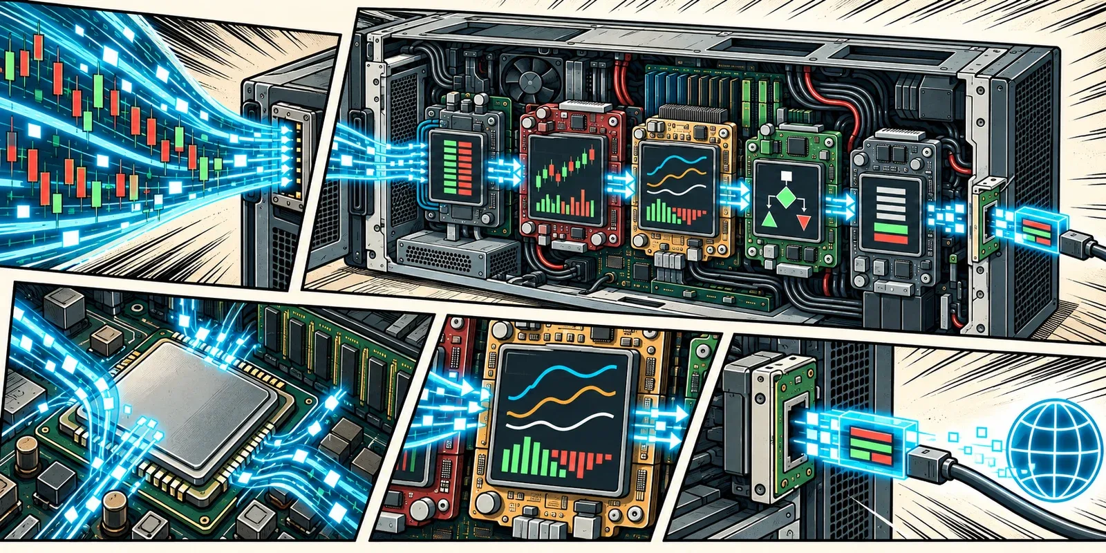 A market tick moves through a trading platform calculation before an order reaches the network