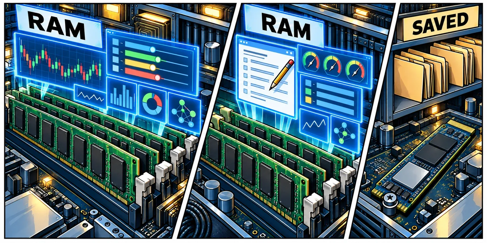 A comic cutaway contrasts an active trading workspace in RAM with separately saved files on NVMe storage