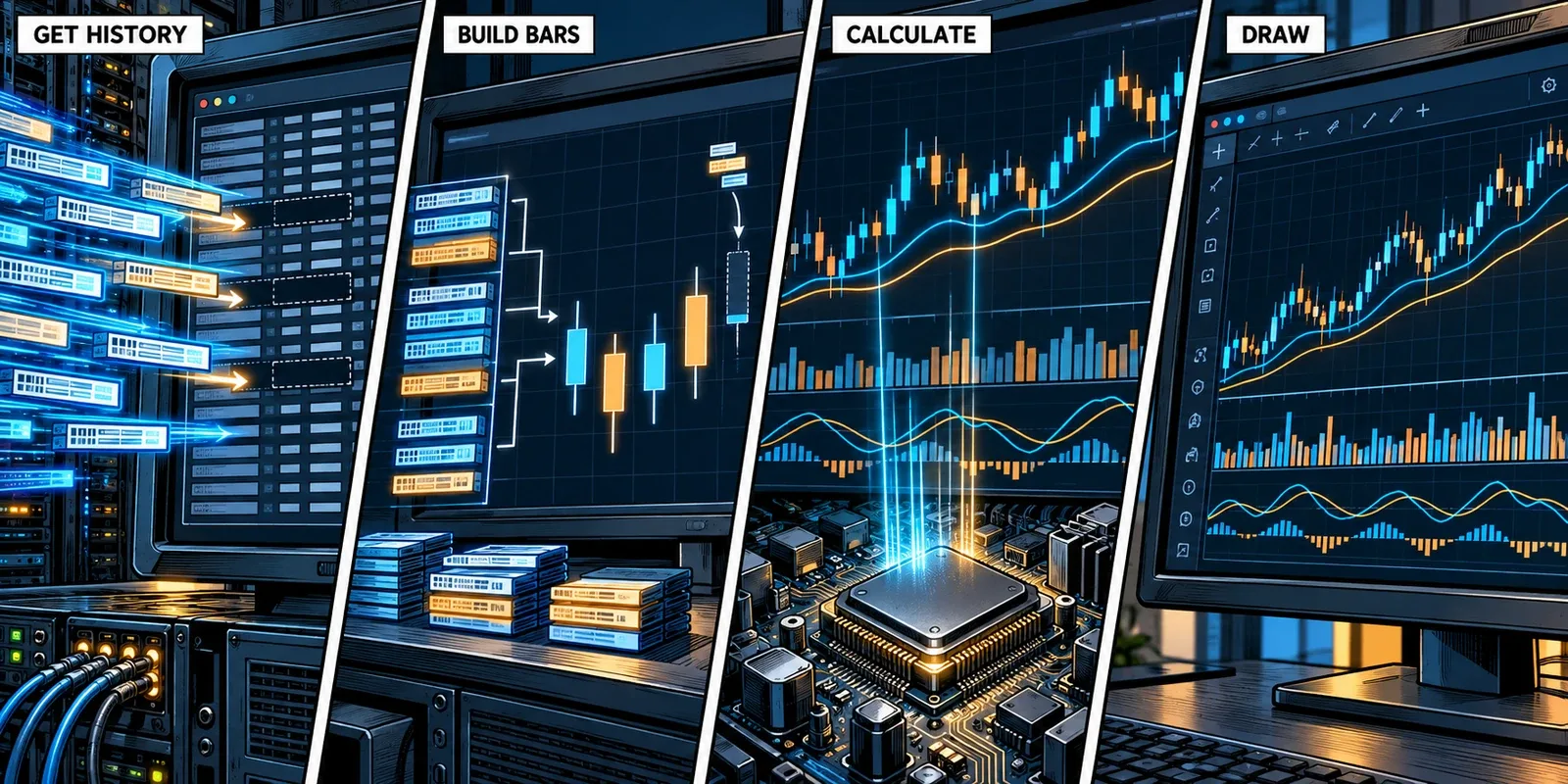 Four angled comic panels follow historical records through retrieval, bar construction, indicator calculations, and a finished trading chart.