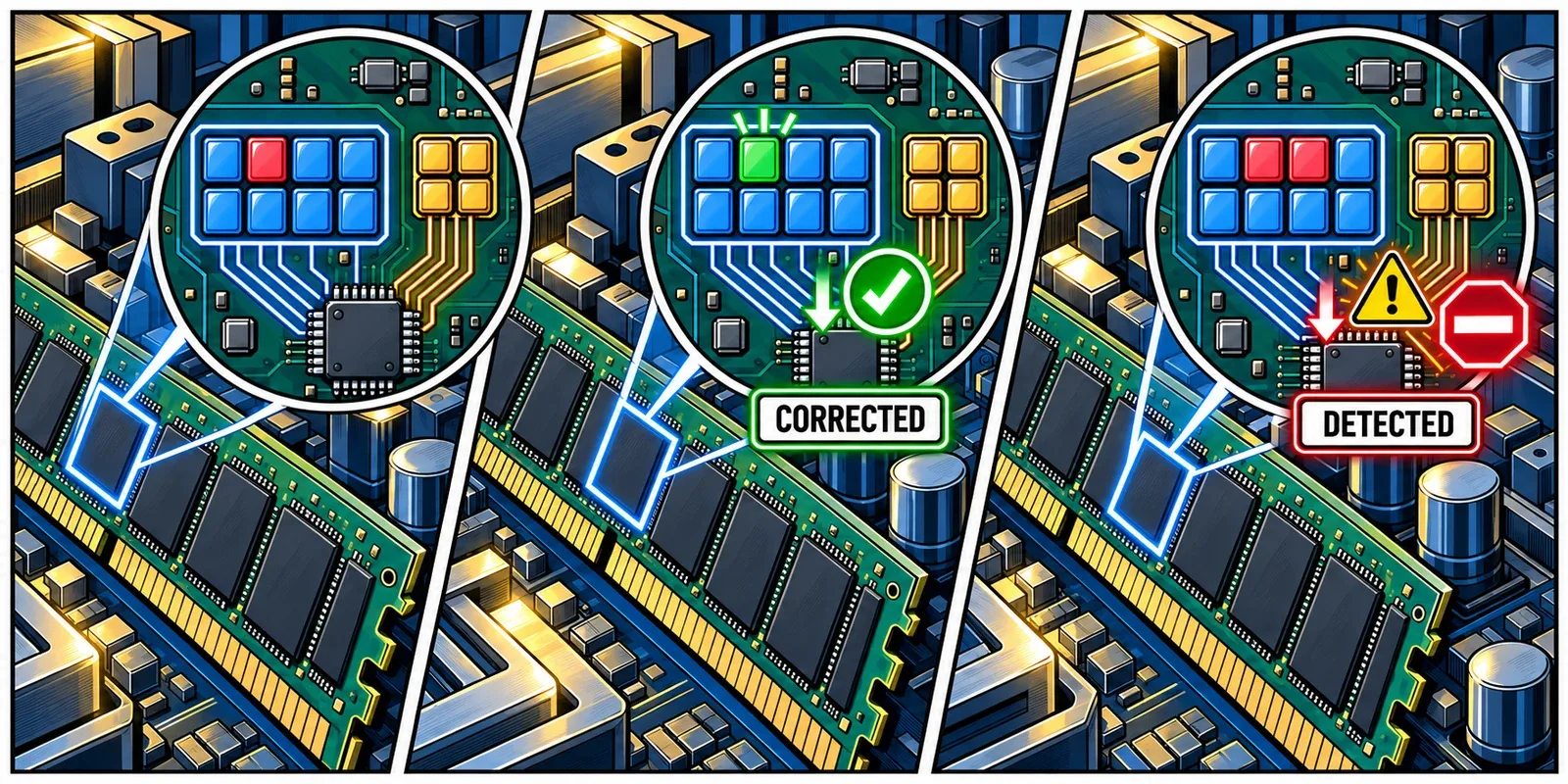 Two separate comic sequences show a single-bit error being corrected and a two-bit error being detected but not repaired