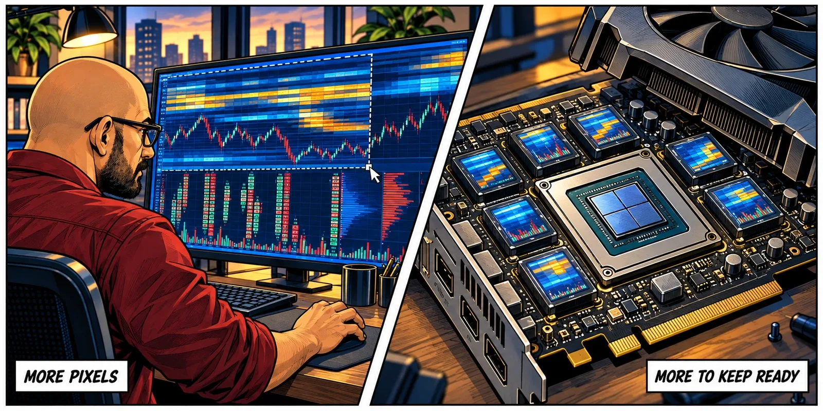 The trader expands a chart across a high-resolution display while a comic cutaway reveals the graphics resources held in video memory.