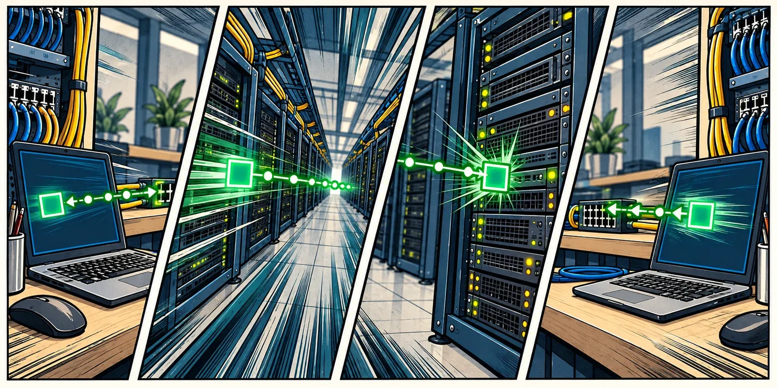 An ICMP echo travels to one endpoint and returns with a low round-trip result
