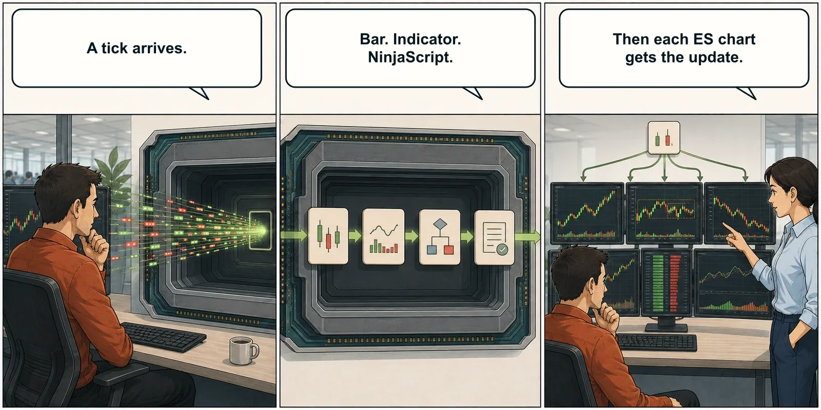 A futures tick moves through bar updates, indicators and NinjaScript before reaching several ES charts