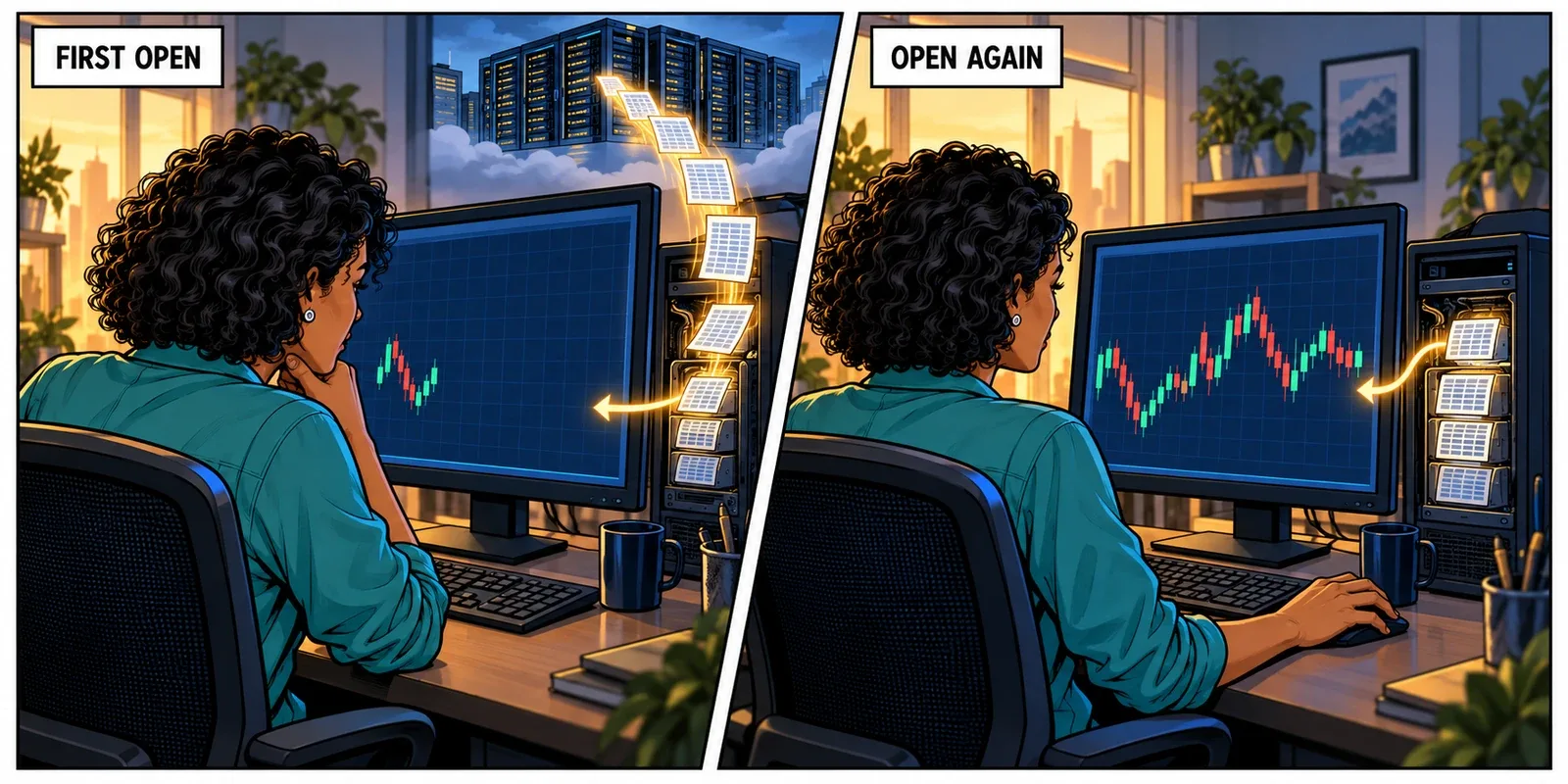 The same trader opens a chart while missing history is downloaded, then reopens it using records already available on the machine.