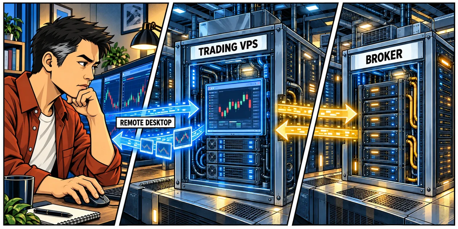The same trader using Remote Desktop while a separate VPS-to-broker connection carries the platform's automated traffic