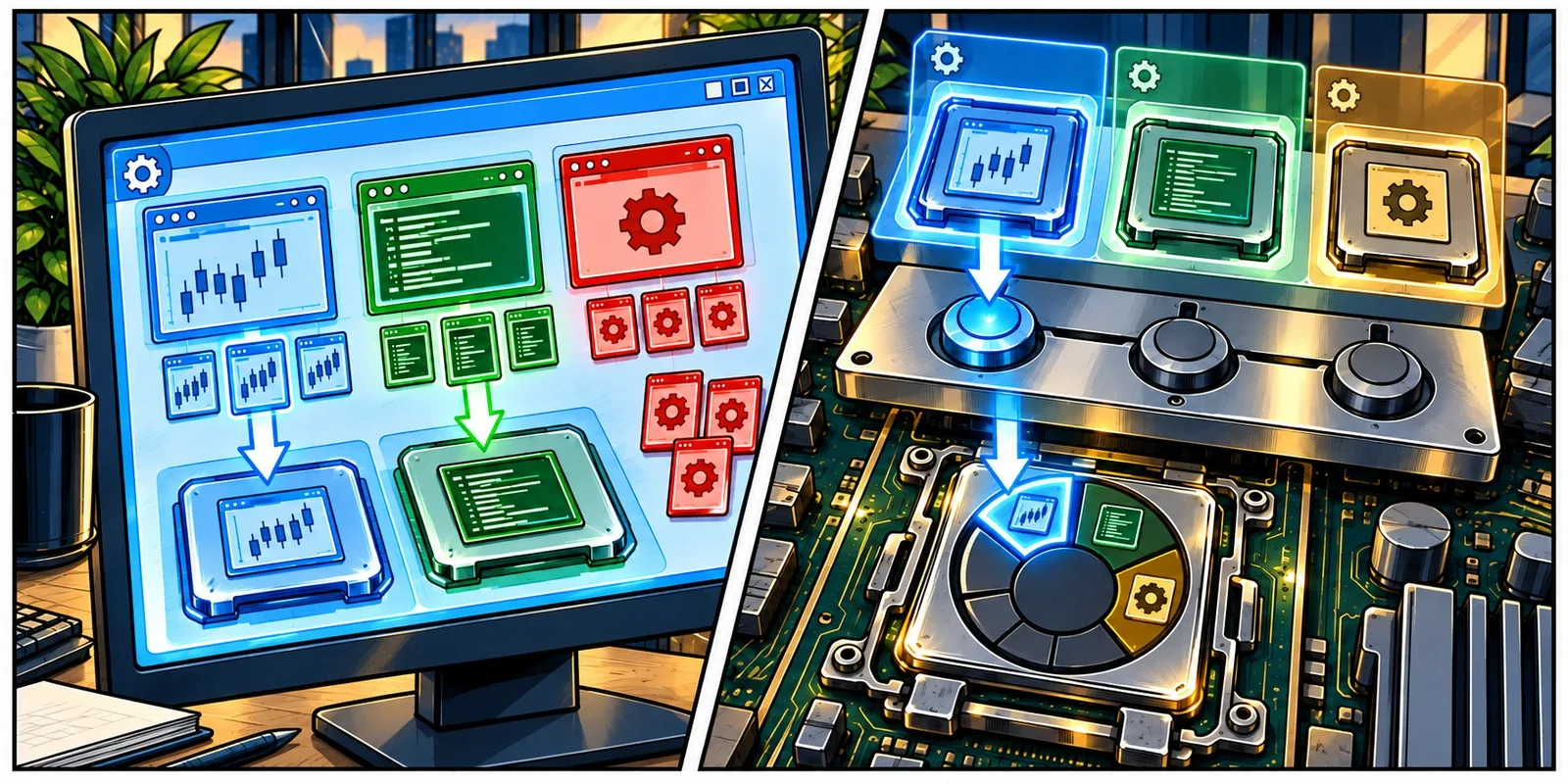 Layered comic cutaway follows a trading application through its guest CPU slots and the host scheduler to a slice of physical processor time