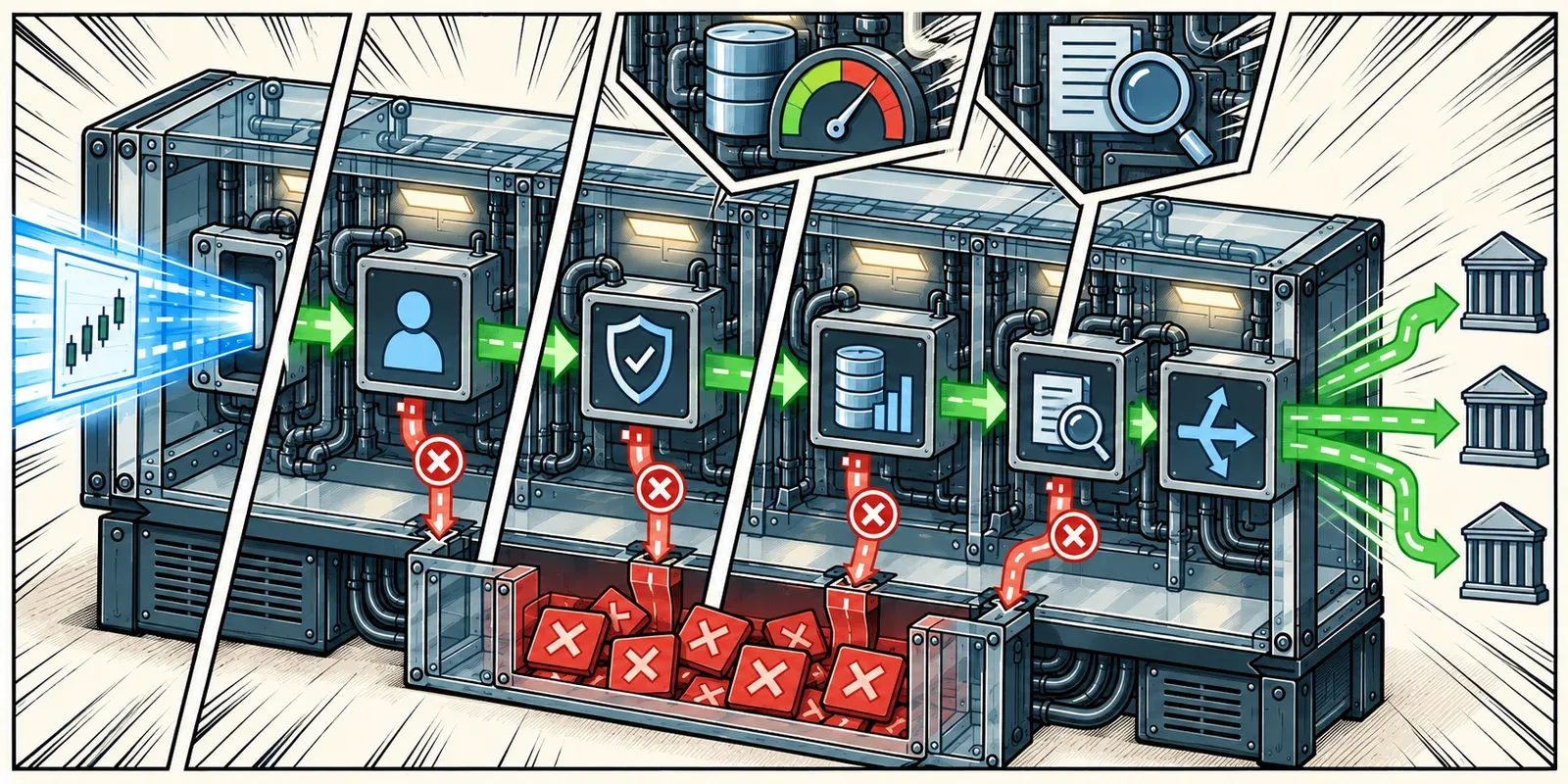 A broker gateway checks the account, limits and permissions before routing an order