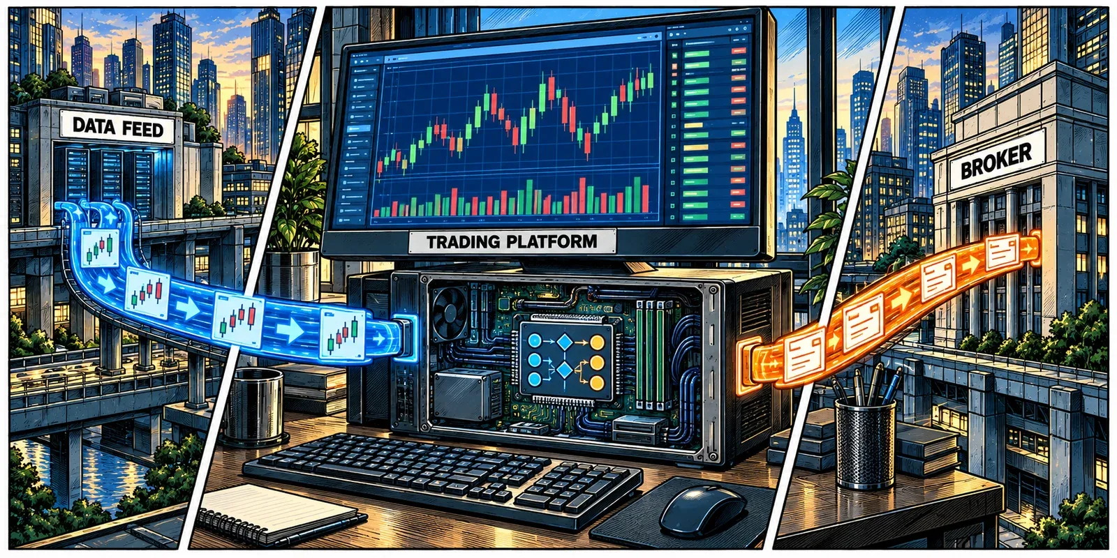 Market data enters a trading platform from one provider while order instructions leave through a separate broker connection