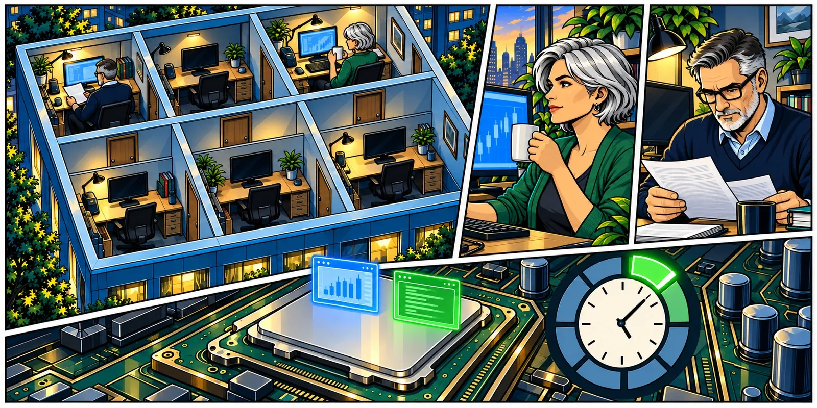 A building cutaway shows mostly idle workspaces, traders taking research breaks, and intermittent workloads using different portions of shared CPU time