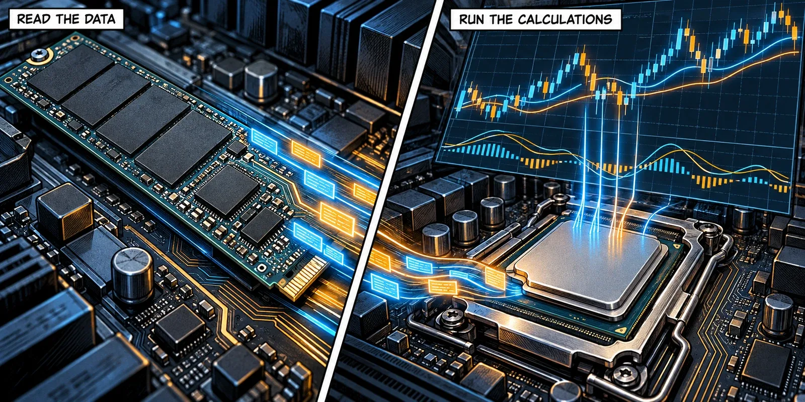 An NVMe drive supplies historical chart records in one comic panel while a separate processor continues calculating indicators in the next.