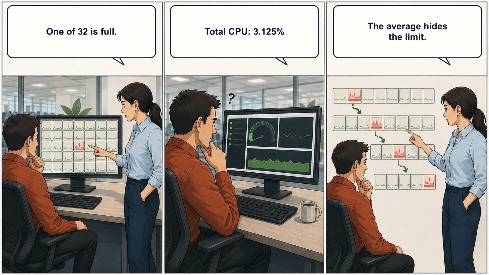 One logical processor is saturated while the total CPU reading remains low