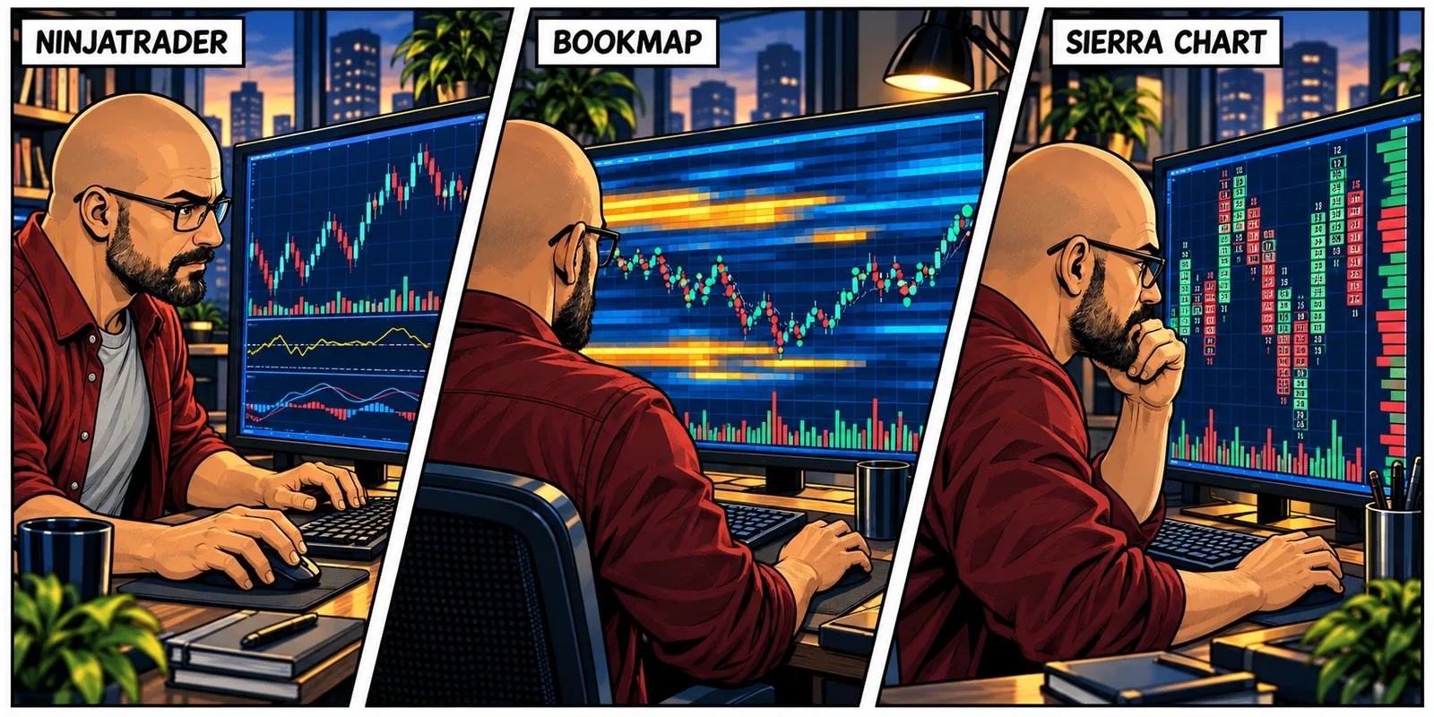 Three comic panels show distinct trading views: a candlestick workspace, a liquidity heatmap, and a footprint chart under the same trader's review.