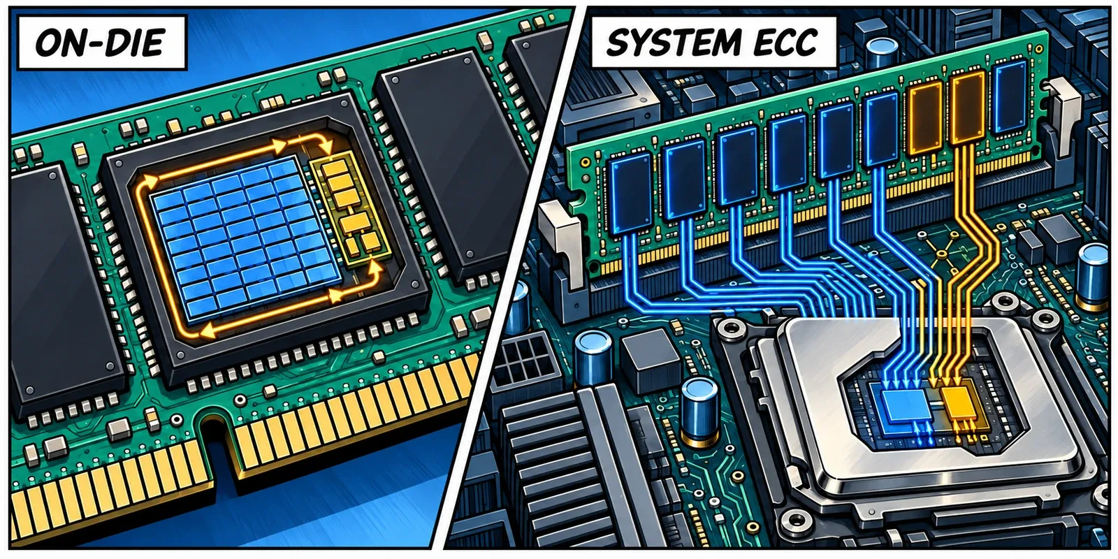 A chip-level cutaway contrasts correction inside a DRAM chip with the broader module-to-controller protection of system ECC