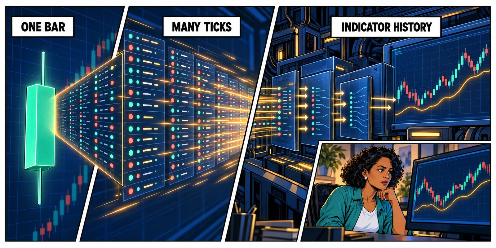 A candlestick opens into many individual tick records that pass through an indicator calculation, followed by the trader comparing the completed study.