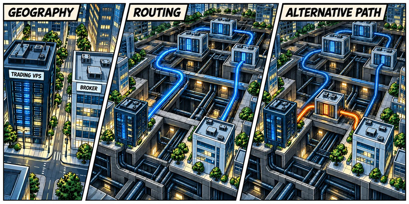 A schematic city cutaway contrasts physical proximity with a longer carrier route and an alternative network path