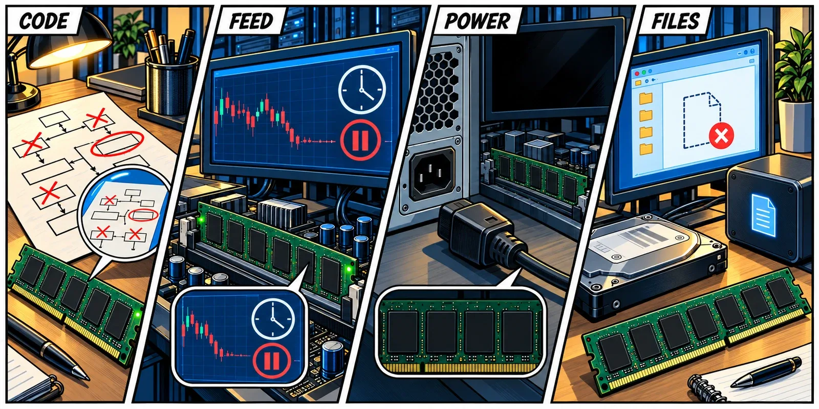 Four action-comic panels distinguish incorrect code, a stale feed, power loss and deleted files from hardware memory errors
