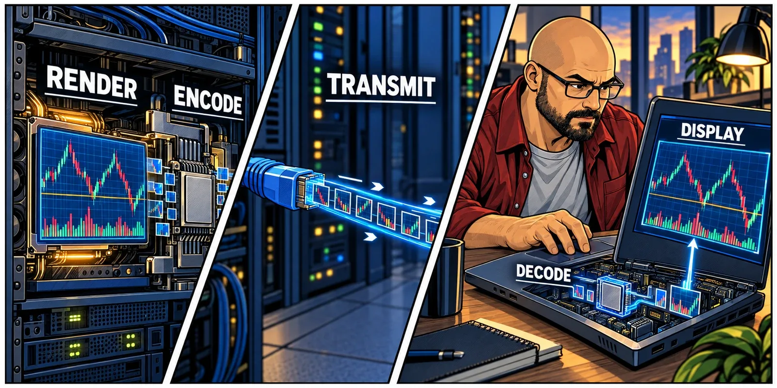 An angled comic sequence follows a server-rendered chart through frame encoding and transmission to the recurring trader's laptop display.