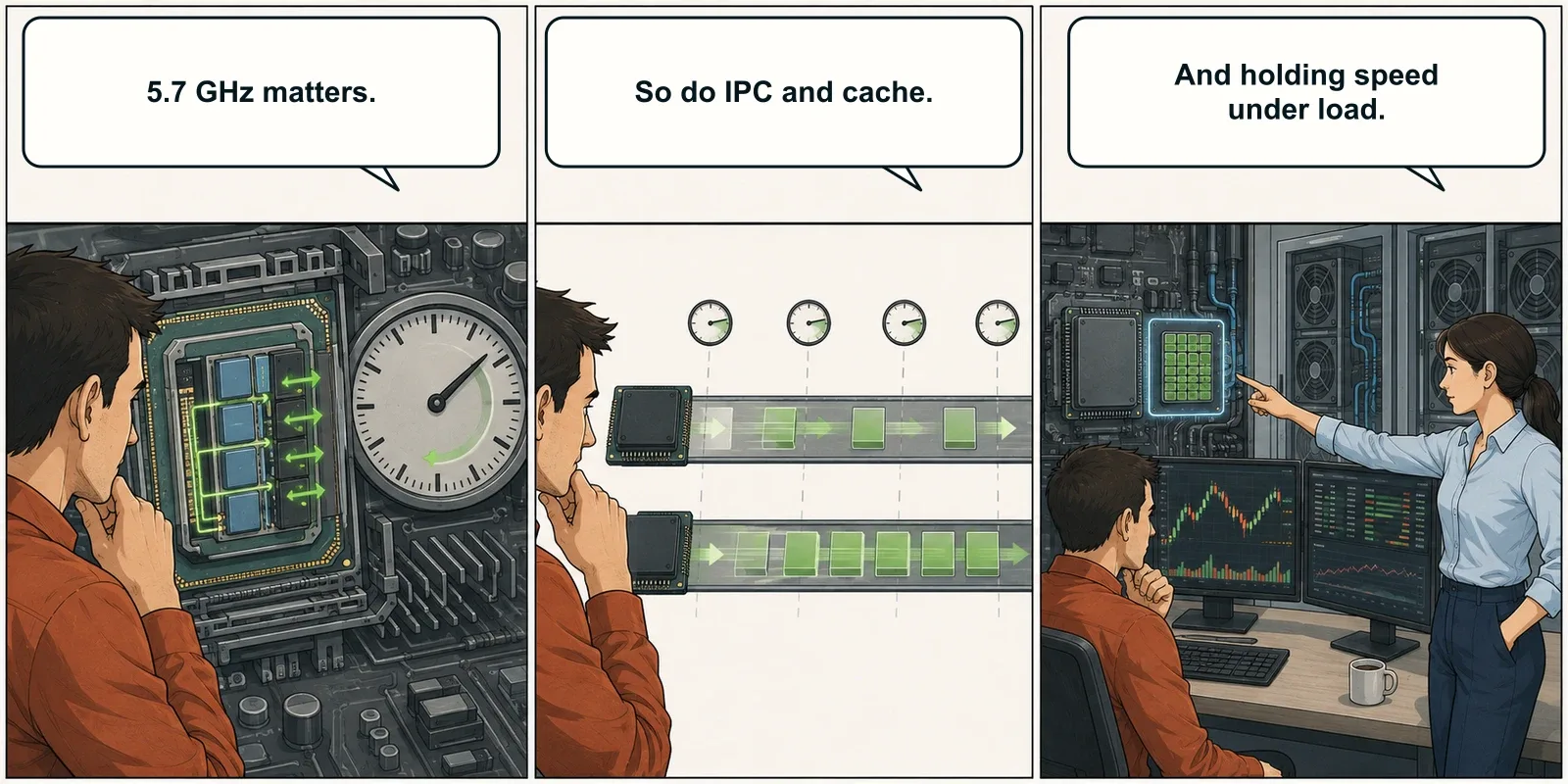 Frequency, instructions per clock and cache work together to move an ordered trading workload