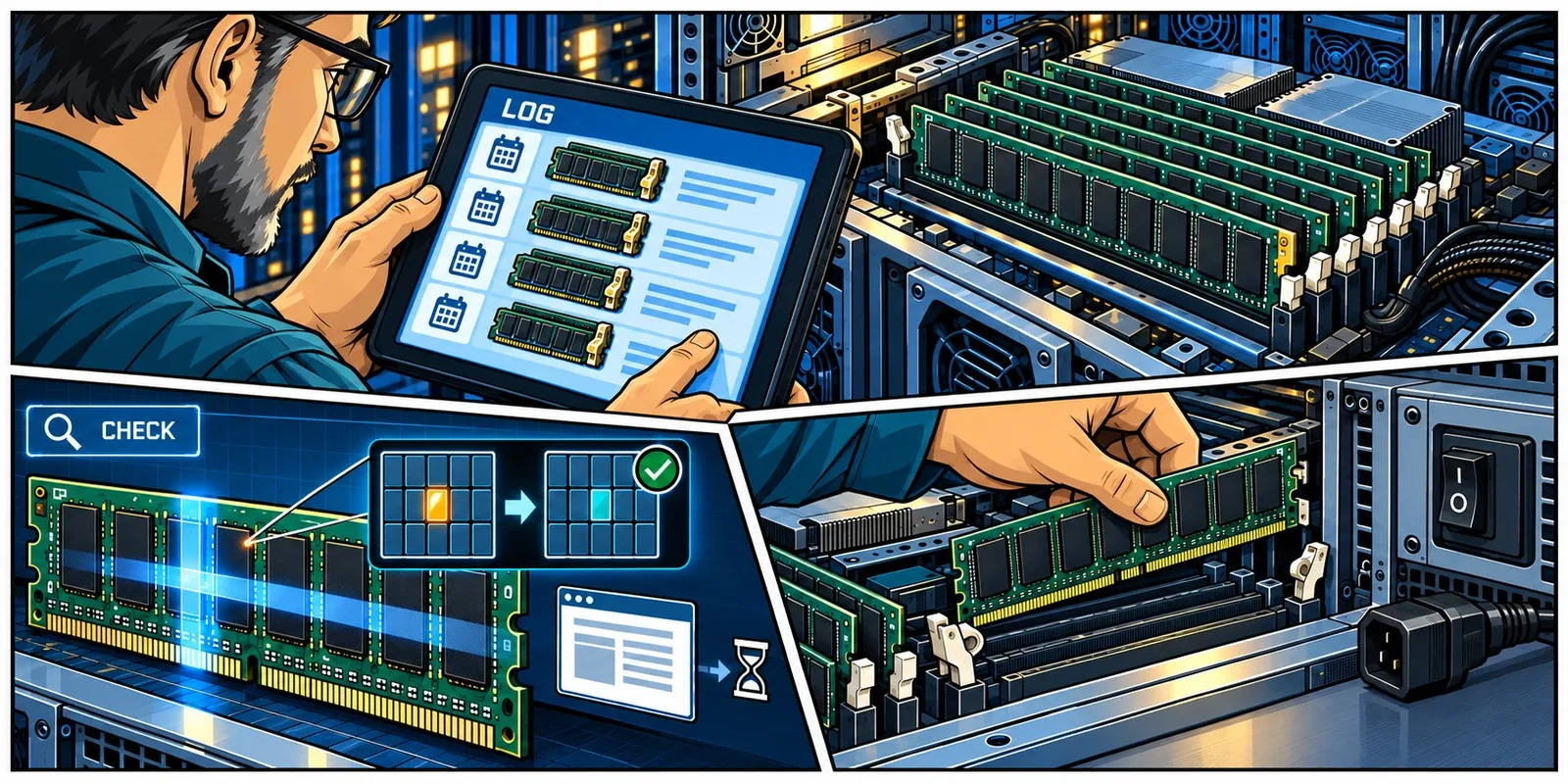 An operator follows repeated memory-error events to a physical DIMM, with a separate panel showing background memory scanning