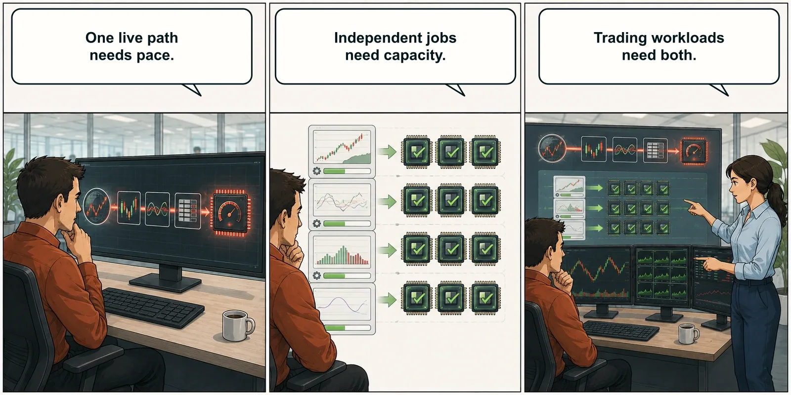 A live instrument follows one fast ordered lane while independent optimization runs spread across many cores