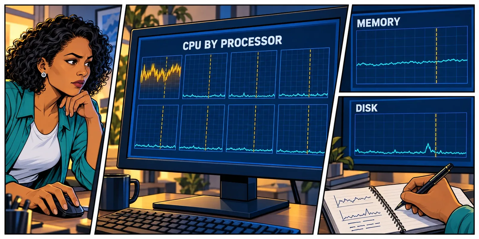 The trader studies a logical-processor graph with one busy processor, then compares memory and disk activity with the moment a chart finishes loading.