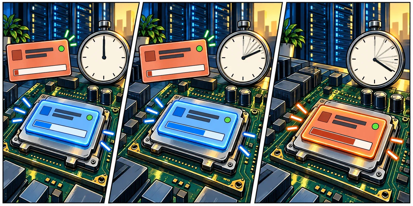 A rust-coloured application task waits while a blue workload runs on the physical CPU; the stopwatch advances before the waiting task makes progress