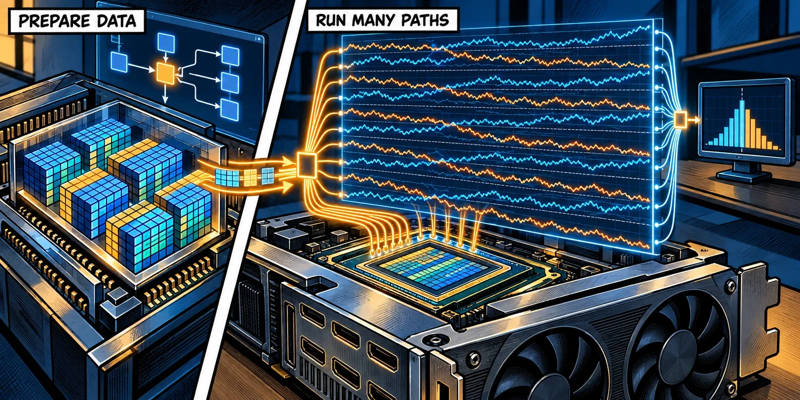 A research dataset fans out across parallel GPU simulation paths, with rising and falling scenarios collected into a results distribution.