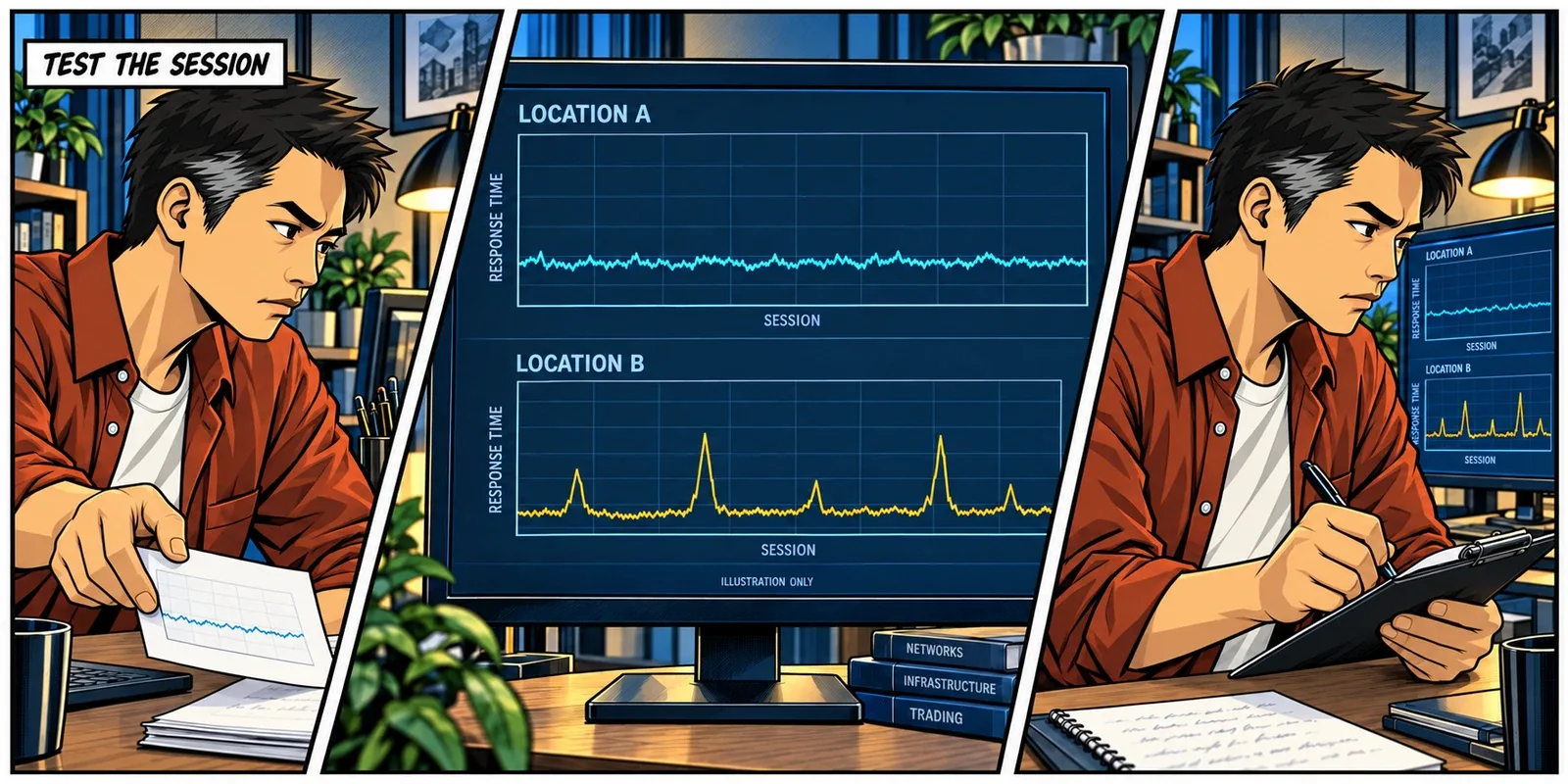 The recurring trader compares network observations across several trading sessions rather than selecting a single best ping result