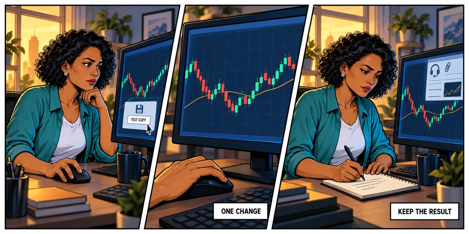 The recurring trader saves a test copy of her workspace, changes one indicator configuration, and records the result for a support report.