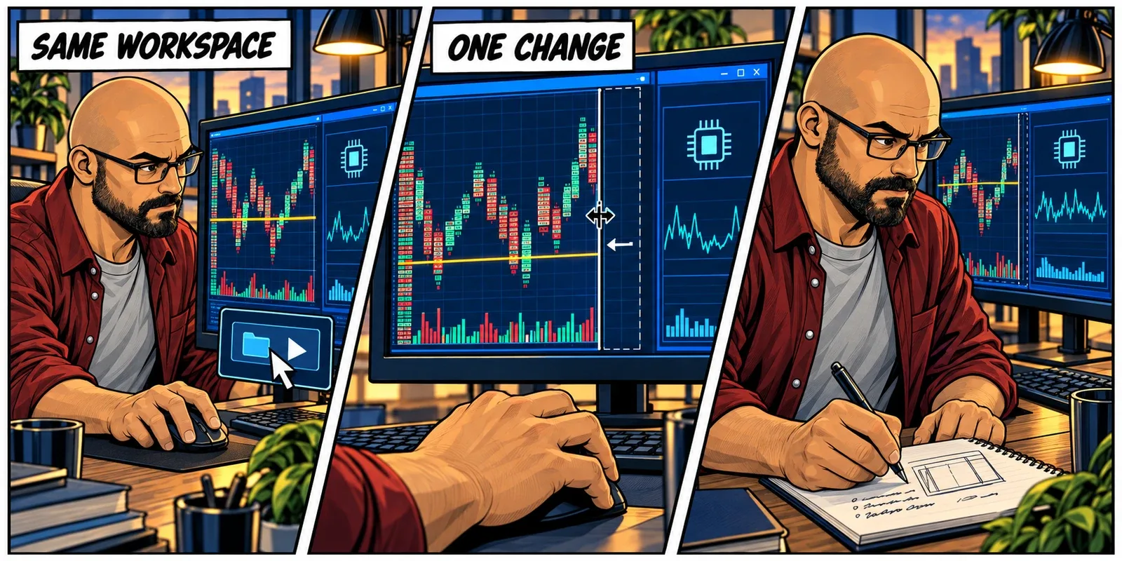 The trader adjusts a saved workspace, compares graphics activity with chart responsiveness, and records the configuration that works.