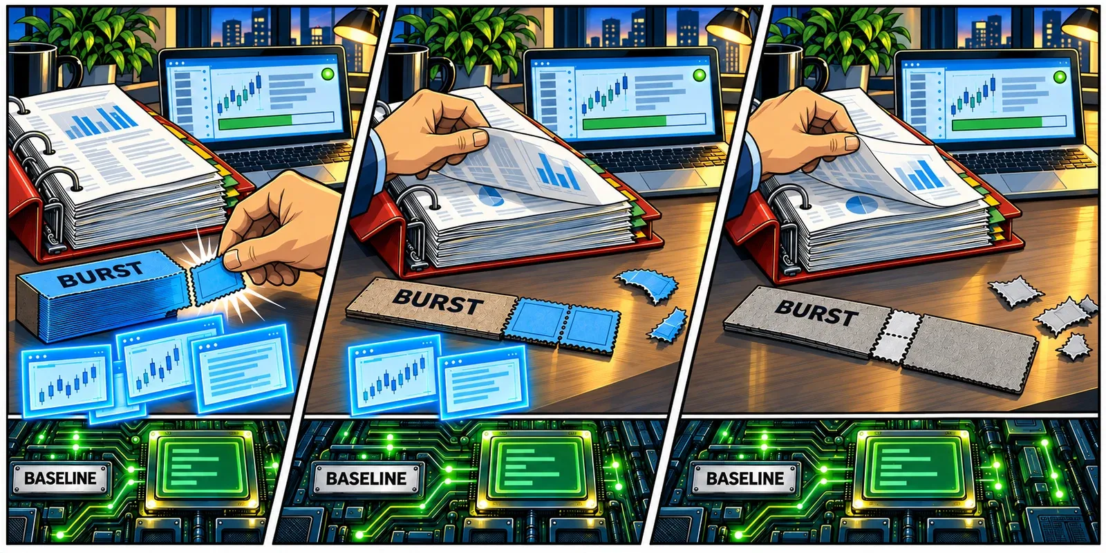 A research job spends a symbolic booklet of burst credits; extra CPU capacity disappears when the credits run out, while baseline processing continues