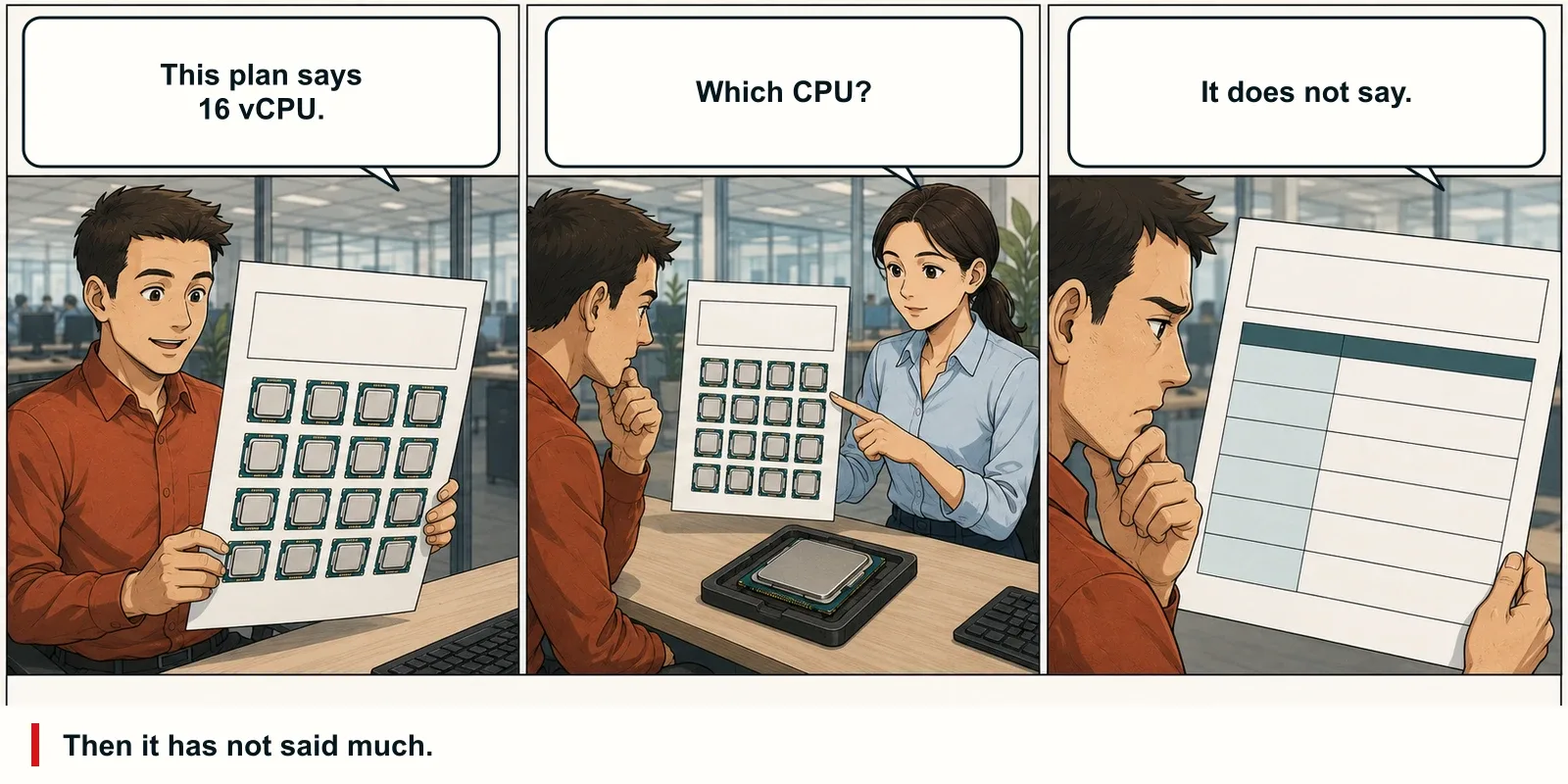 A trader asks what hardware sits behind a large vCPU number and receives no useful answer