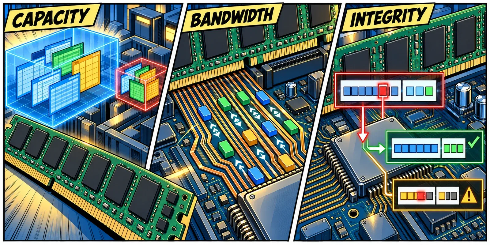 Three linked comic scenes distinguish memory capacity, data movement and error correction rather than treating them as one performance score