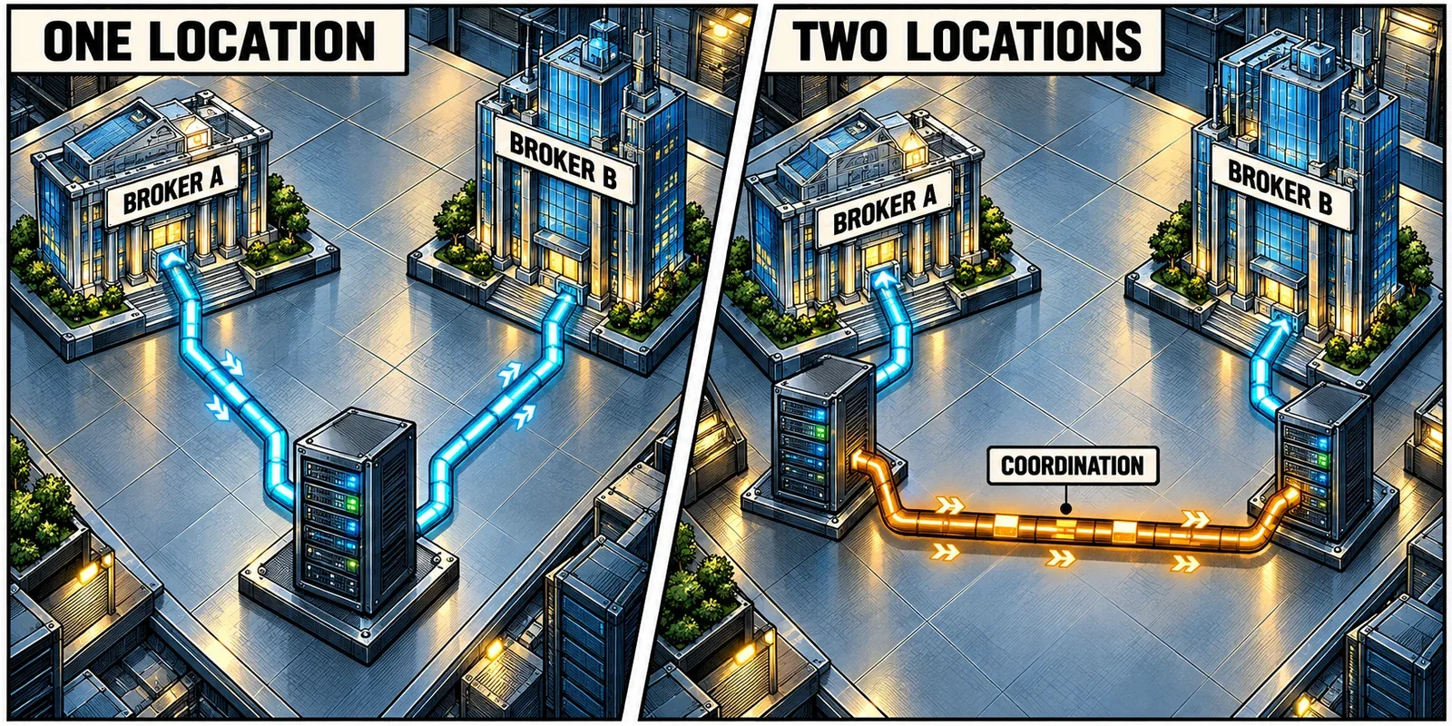 Two deployment options show one VPS reaching two brokers, or separate VPS instances connected by a coordination link
