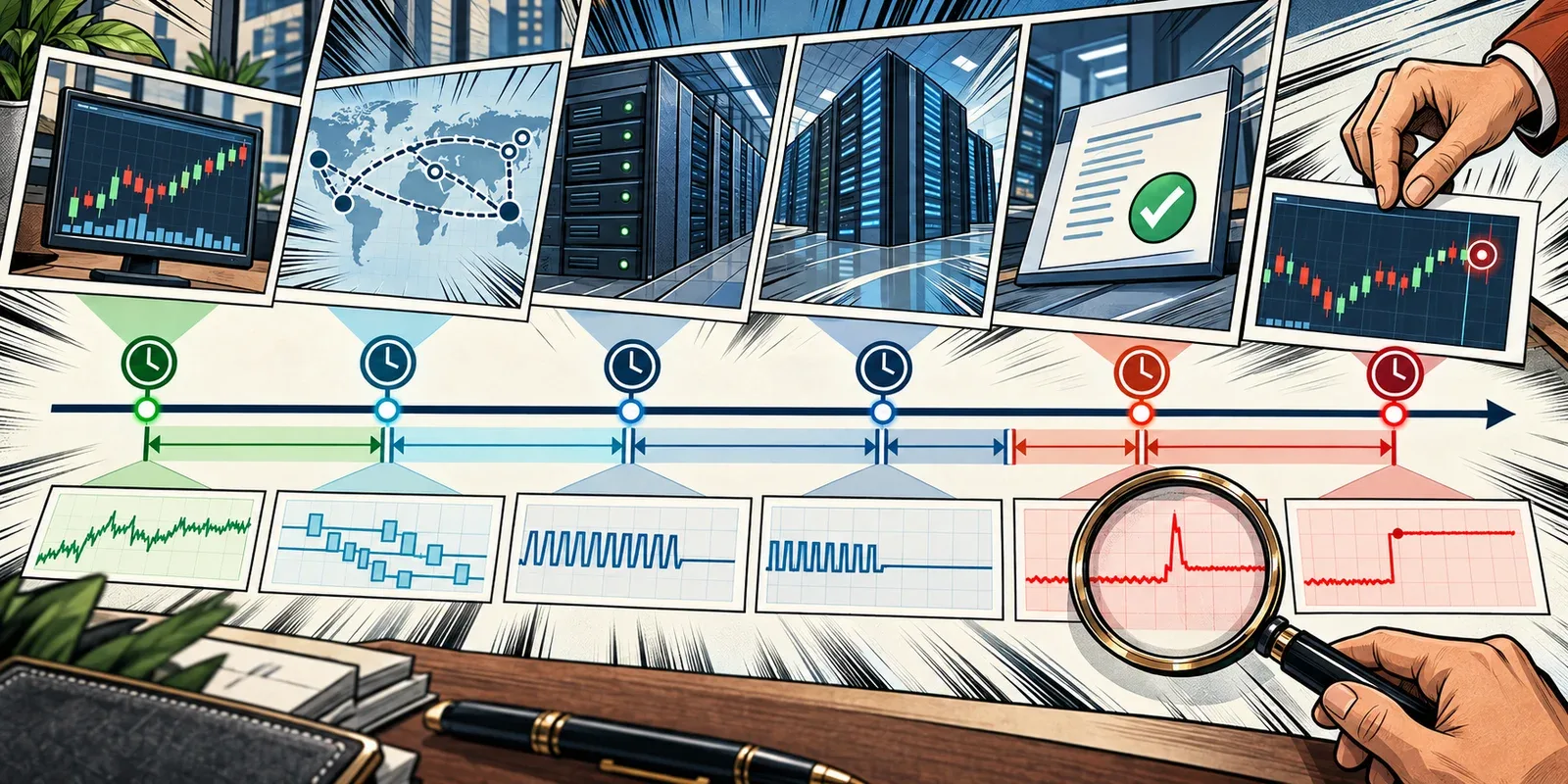 A trader compares signal, submission, acceptance and fill timestamps instead of one latency number