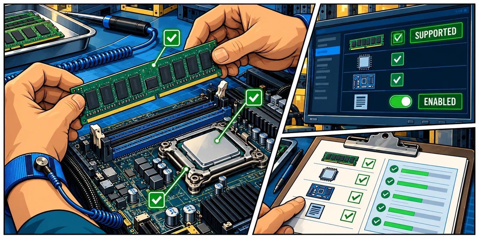 A technician validates the memory module, motherboard, controller and firmware as parts of one supported ECC configuration