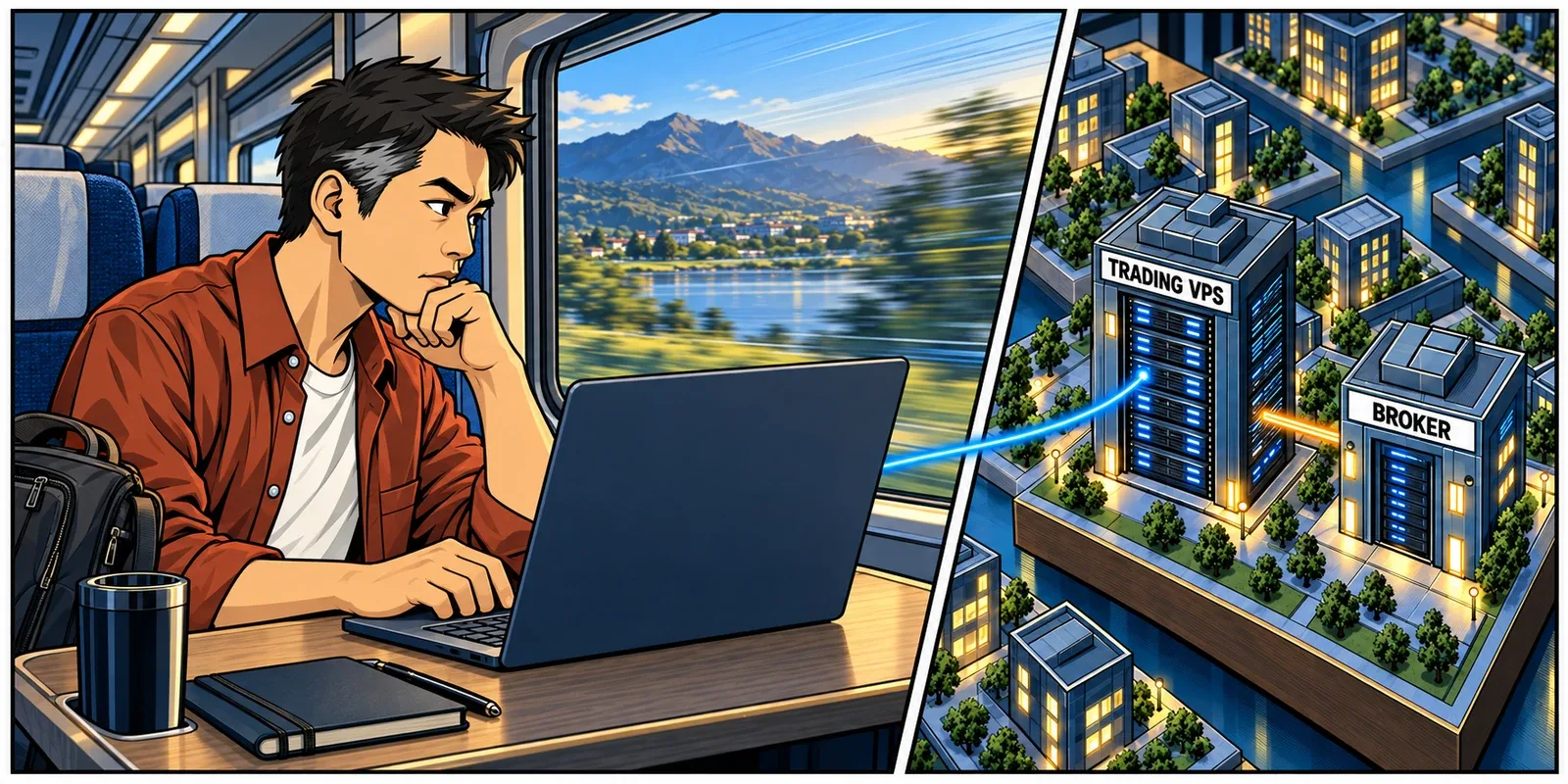 The same trader travels by train with a laptop while the trading VPS remains near the broker's server, connected separately through Remote Desktop
