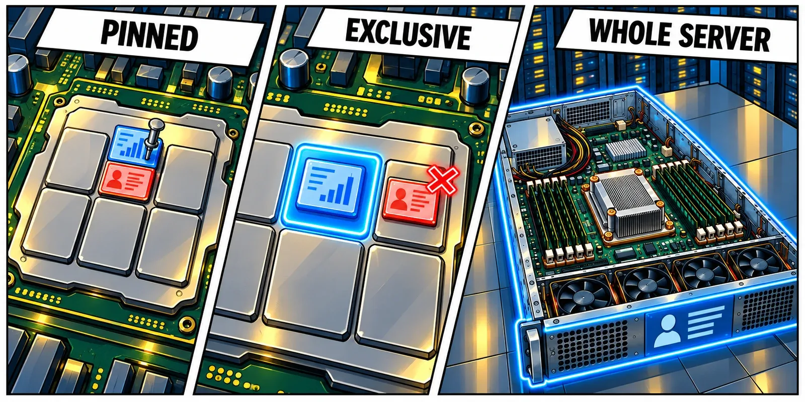 Three illustrated hardware views distinguish pinning two guests to the same core, exclusive use of a core, and ownership of a whole physical server