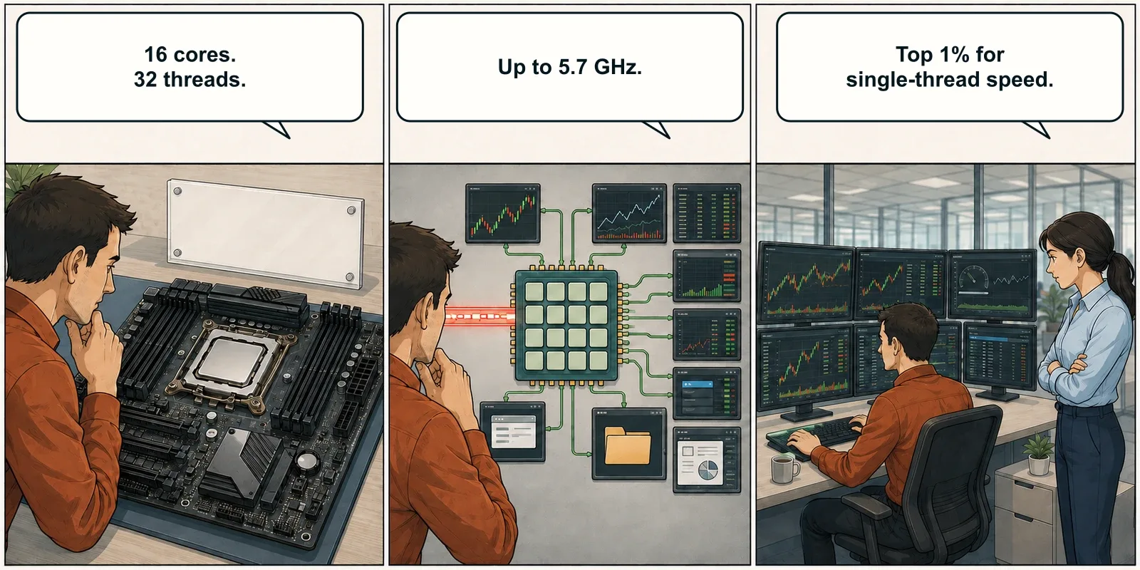 A Ryzen 9 9950X balances a fast live instrument path with parallel charts, research and optimization workloads
