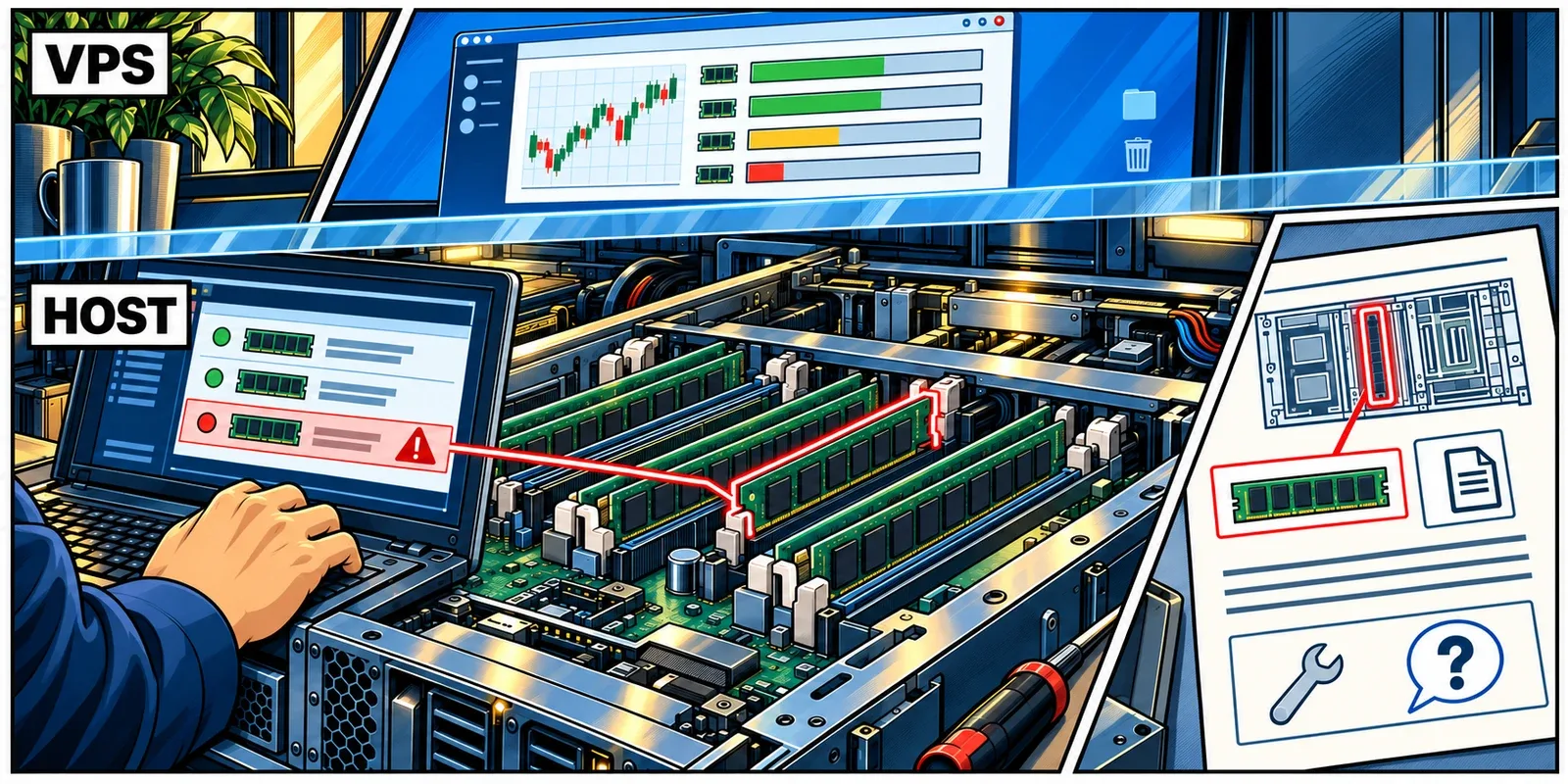 A virtual machine's memory-usage view is separated from the physical host's ECC event records and hardware inspection