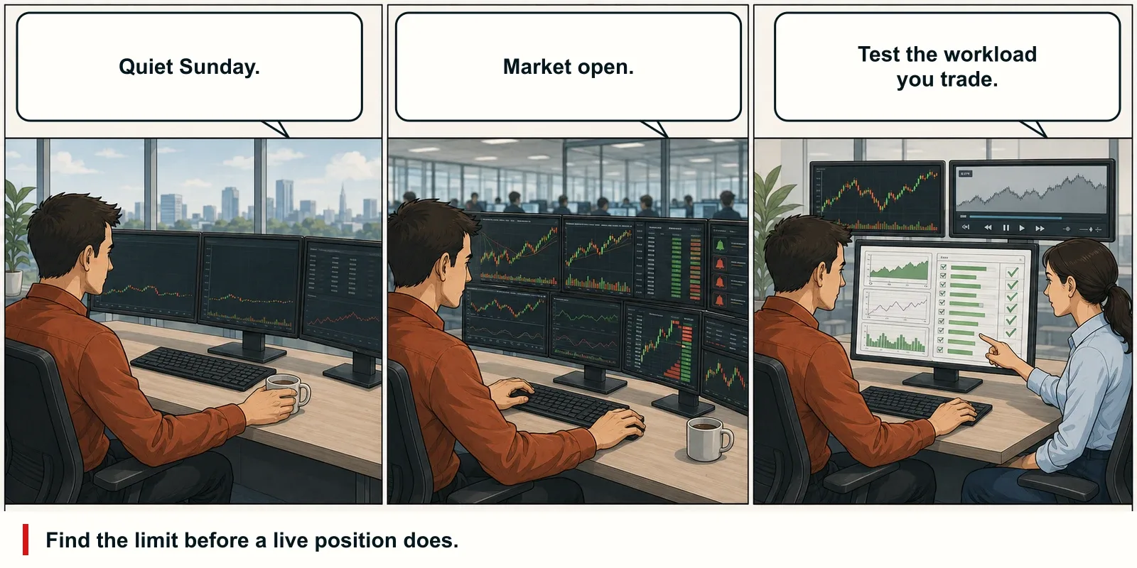 A quiet weekend test is compared with the same trading workspace under representative market-open load