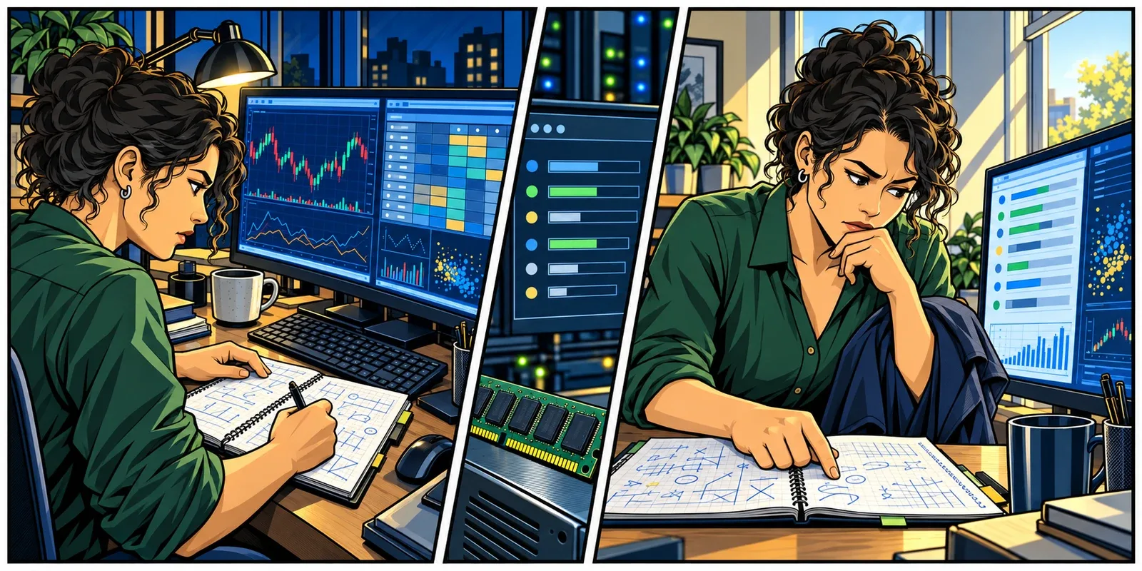 A trader prepares an overnight optimization, then returns in the morning to compare the research with her notes