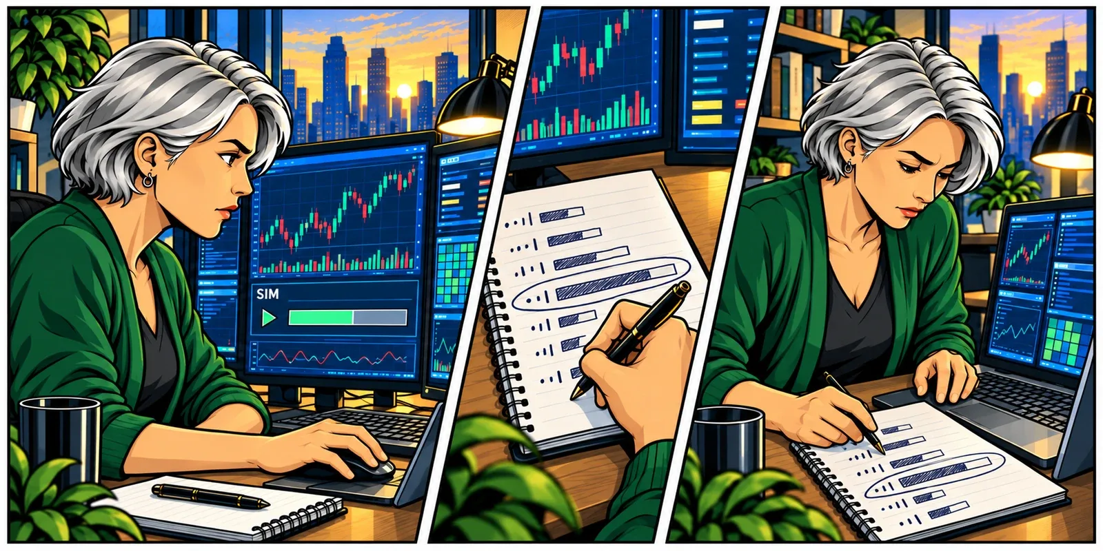 The same trader from the market-open scene runs a simulation, logs repeated completion times and investigates an unusually slow run