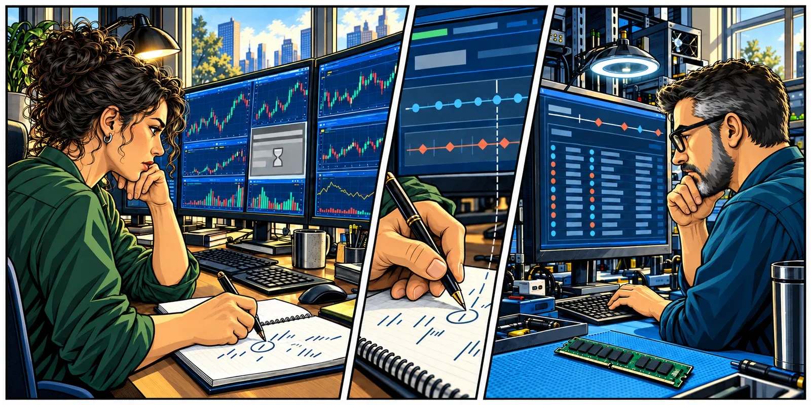 The same trader from the research scene records a platform interruption while the recurring operations engineer checks host event records