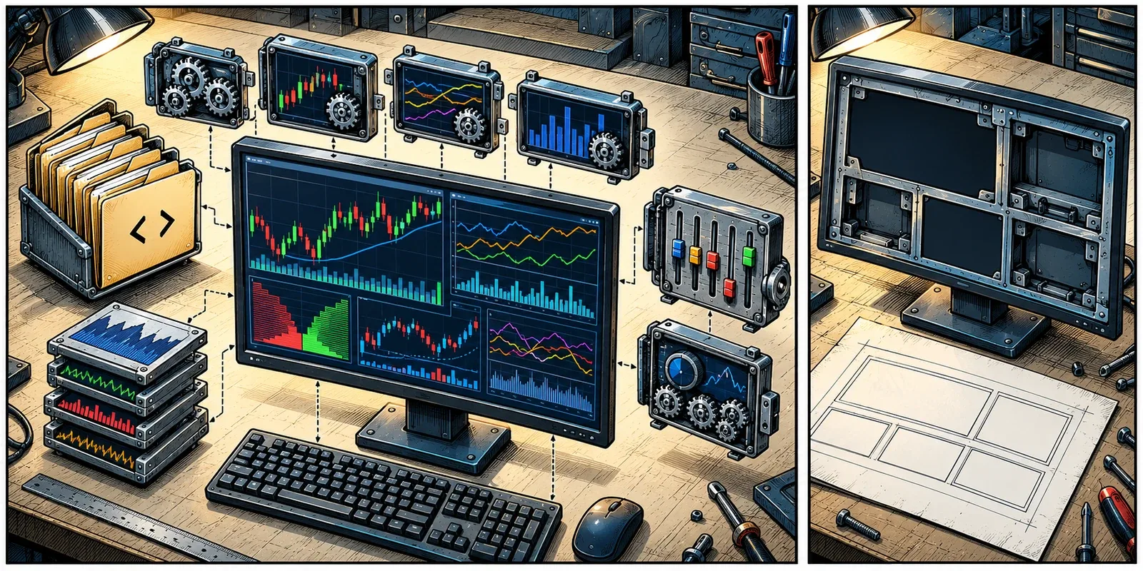 An exploded comic view separates a trading workspace into chart layouts, custom studies, configuration files, and historical data.