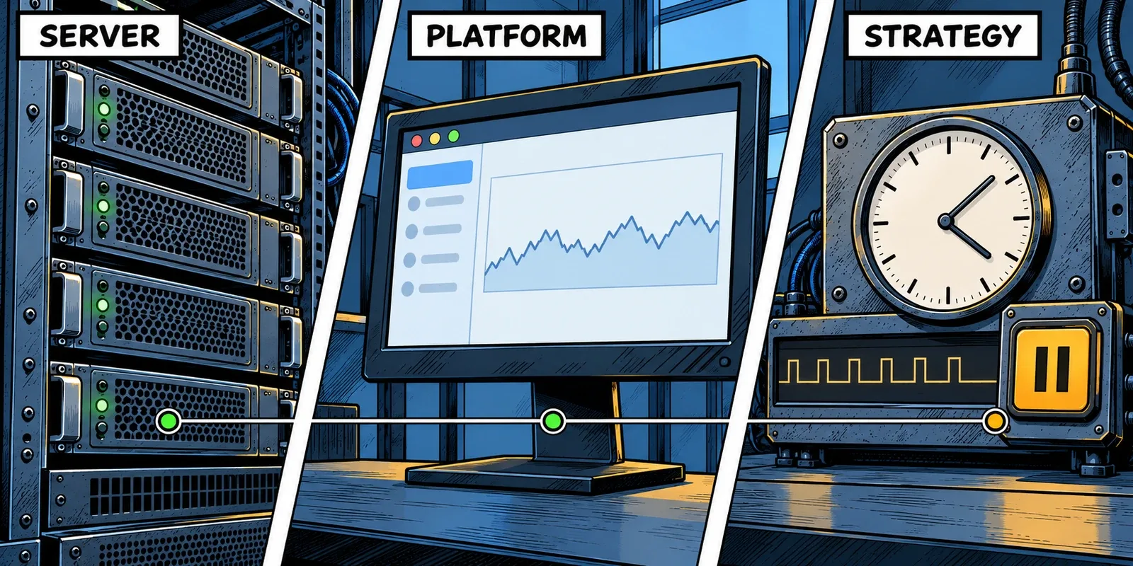 Three comic panels separate a responding server, an open platform, and a paused trading strategy.
